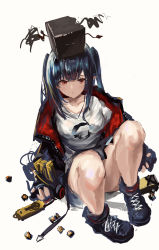 Rule 34 | 1girl, absurdres, arknights, black footwear, black hair, black jacket, breasts, closed mouth, closure (arknights), collarbone, commentary request, expressionless, full body, hair between eyes, highres, holding, jacket, long hair, long sleeves, looking at viewer, object on head, open clothes, open jacket, originium (arknights), pointy ears, red eyes, sawkm, shirt, shoes, simple background, sitting, sneakers, solo, white background, white shirt