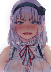 Rule 34 | 10s, 1girl, bad id, bad pixiv id, bare shoulders, black flower, black rose, blue eyes, blush, breasts, center opening, dagashi kashi, flower, hair flower, hair ornament, hair ribbon, hairband, large breasts, looking at viewer, open mouth, purple eyes, purple hair, rape face, ribbon, ringed eyes, rose, saliva, see-through, shidare hotaru, shirt, short hair, sleeveless, sleeveless shirt, solo, sweat, try (lsc), upper body, wet, wet clothes, you gonna get raped