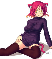 Rule 34 | 1girl, animal ears, arm support, bad id, bad pixiv id, black thighhighs, blush, bottomless, breasts, cat ears, cat tail, dress, gradient hair, kisaragi yakumo, long sleeves, multicolored hair, original, red hair, simple background, sitting, skindentation, slit pupils, solo, sweater, sweater dress, tail, thighhighs