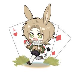Rule 34 | 1boy, alice in wonderland, animal ears, brown footwear, brown shorts, brown vest, card, chibi, chibi only, chinese commentary, commentary request, cosplay, green eyes, green jacket, highres, holding, holding pocket watch, jacket, kemonomimi mode, light brown hair, male focus, medium hair, neck ruff, open clothes, open jacket, open mouth, pantyhose, parted bangs, playing card, pocket watch, rabbit boy, rabbit ears, rabbit tail, saibou shinkyoku, sanwei16909, shinano eiji, shirt, shorts, solo, tail, teardrop, vest, watch, white pantyhose, white rabbit (alice in wonderland), white rabbit (alice in wonderland) (cosplay), white shirt