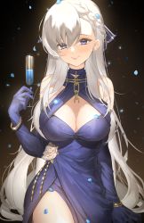 Rule 34 | 1girl, alcohol, azur lane, belfast (azur lane), belfast (the noble attendant) (azur lane), blue petals, braid, breasts, chain, champagne, champagne flute, choker, cleavage, commentary request, criss-cross halter, cup, dress, drinking glass, elbow gloves, french braid, gloves, hair between eyes, hair ribbon, halterneck, highres, holding, holding cup, large breasts, long hair, looking at viewer, purple dress, purple eyes, purple gloves, ran s200, ribbon, side slit, silver hair, smile, solo