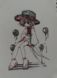 Rule 34 | 1other, androgynous, ballpoint pen (medium), chinese commentary, closed mouth, commentary request, detached sleeves, enraku tsubakura, geta, hat, highres, invisible chair, len&#039;en, ling s, long sleeves, miniskirt, neck ribbon, no nose, other focus, ribbon, sandals, short hair, simple background, sitting, skirt, solo, spot color, tabi, traditional media, white background, zouri
