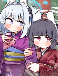 Rule 34 | 2girls, ahoge, arm hug, black bow, black hair, blue archive, blurry, blurry background, blush, bow, cellphone, closed mouth, commentary request, dash b, day, depth of field, floral print, grey hair, hair bow, halo, headgear, headset, highres, japanese clothes, kimono, long sleeves, miyako (blue archive), miyu (blue archive), multiple girls, obi, one side up, outdoors, phone, print kimono, purple eyes, purple kimono, red eyes, red kimono, sash, sleeves past wrists, smile, sweat, wide sleeves