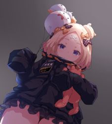 Rule 34 | 1girl, abigail williams (fate), abigail williams (traveling outfit) (fate), artist request, bad id, bad pixiv id, balloon, bandaid, bandaid on face, bandaid on forehead, belt, black bow, black jacket, blonde hair, blue eyes, bow, breasts, closed mouth, crossed bandaids, fate/grand order, fate (series), forehead, from below, gradient background, grey background, hair bow, hair bun, heroic spirit traveling outfit, high collar, jacket, long hair, long sleeves, looking at viewer, medjed (fate), multiple hair bows, official alternate costume, orange belt, orange bow, parted bangs, polka dot, polka dot bow, single hair bun, sleeves past fingers, sleeves past wrists, small breasts, solo, stuffed animal, stuffed toy, teddy bear