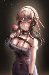Rule 34 | 1girl, absurdres, bad id, bad pixiv id, black dress, black hair, black nails, breasts, buko (bukosuki), cleavage, closed mouth, covered navel, dress, flower, glint, gradient background, hair between eyes, hair flower, hair ornament, hairband, hand up, highres, holding, holding flower, light particles, lipstick, long hair, looking at viewer, makeup, nail polish, off-shoulder dress, off shoulder, red eyes, red flower, red lips, red rose, rose, sidelocks, solo, spikes, spy x family, tight clothes, tight dress, upper body, yor briar
