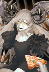 Rule 34 | 1girl, abyssal ship, black dress, commission, crazy eyes, crazy smile, dress, food, hand on own face, highres, horns, kantai collection, long hair, long sleeves, looking at viewer, mediterranean dreadnought water princess, mokuren (mozukukirai88), open mouth, pale skin, pizza, pizza slice, smile, solo