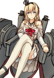 Rule 34 | 10s, 1girl, bad id, bad pixiv id, blonde hair, blue eyes, braid, crown, dress, french braid, garter straps, hairband, jewelry, kantai collection, crossed legs, long hair, looking at viewer, mini crown, necklace, off-shoulder dress, off shoulder, pallad, sitting, solo, thighhighs, throne, warspite (kancolle)
