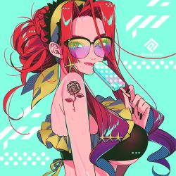 Rule 34 | #compass, 10s, 1girl, :q, akiakane, bare shoulders, bikini, black bikini, black nails, blue background, braid, commentary request, fingernails, food, from side, hair bun, holding, looking at viewer, looking to the side, nail polish, popsicle, red hair, shoulder tattoo, single hair bun, smile, solo, sunglasses, swimsuit, tattoo, tongue, tongue out, upper body, wet