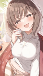 Rule 34 | 1girl, blush, breasts, brown eyes, brown hair, cup, fingernails, highres, holding, holding cup, large breasts, long sleeves, looking at viewer, navel, open mouth, original, pants, saboten mushi, short hair, smile, solo, striped clothes, striped pants, sweater, white sweater