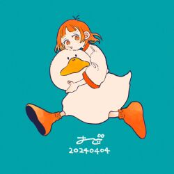 Rule 34 | 1girl, aqua background, commentary, dated, from side, full body, goose costume, highres, holding, holding mascot head, looking at viewer, looking to the side, mascot costume, medium hair, omogu (o wu), orange eyes, orange footwear, orange hair, original, running, signature, simple background, solo