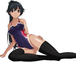Rule 34 | 1girl, alternate costume, bare shoulders, black hair, black thighhighs, blush, competition swimsuit, dark-skinned female, dark skin, embarrassed, foot out of frame, green ribbon, hair ribbon, highres, houshou (kancolle), kantai collection, kinakomochi (testament05), long hair, looking at viewer, one-piece swimsuit, ponytail, ribbon, simple background, solo, swimsuit, tan, tanline, thighhighs, white background