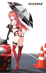 Rule 34 | 1girl, arched back, ass, bare shoulders, belt, boots, breasts, car, closed mouth, closers, crop top, cropped vest, elbow gloves, full body, gloves, hairband, high heel boots, high heels, highres, holding, holding umbrella, long hair, looking at viewer, looking back, luna aegis (closers), medium breasts, midriff, motor vehicle, non-web source, official art, purple eyes, race queen, red hair, short shorts, shorts, single thighhigh, sleeveless, smile, solo, standing, thigh boots, thighhighs, thighs, traffic cone, umbrella, vest
