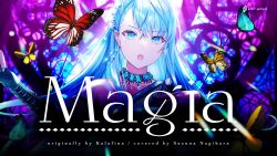 Rule 34 | 1girl, backlighting, bare shoulders, blue eyes, blue gemstone, blue hair, bug, butterfly, character name, earrings, fingernails, floating hair, flower, gem, hair between eyes, hair flower, hair ornament, highres, insect, jewelry, light blue hair, long hair, looking at viewer, music, nagihara suzuna, necklace, official art, open mouth, outstretched arm, portrait, riot music, sakamuke, second-party source, singing, solo, song name, stained glass, swept bangs, virtual youtuber