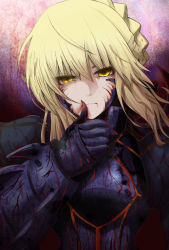 Rule 34 | 1girl, armor, armored dress, artoria pendragon (all), artoria pendragon (fate), black armor, blonde hair, braid, breasts, commentary request, face, fate/grand order, fate (series), frown, fujitaka nasu, gauntlets, hair between eyes, highres, looking at viewer, saber alter, solo, yellow eyes