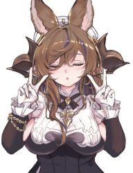 Rule 34 | animal ears, asymmetrical hair, breasts, brown hair, brown horns, closed eyes, detached sleeves, double v, erune, extra ears, frilled sleeves, frills, galleon (granblue fantasy), gloves, granblue fantasy, highres, horns, ichuka, large breasts, multicolored hair, pointy ears, streaked hair, v, white background, white gloves