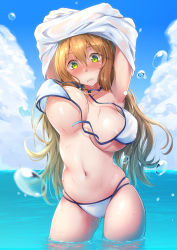 Rule 34 | 1girl, beach, bikini, bit (keikou syrup), blue sky, blush, breasts, clenched teeth, day, embarrassed, girls&#039; frontline, green eyes, large breasts, long hair, looking down, navel, nose blush, ocean, official alternate costume, outdoors, partially submerged, shirt, skindentation, sky, solo, springfield (girls&#039; frontline), springfield (stirring mermaid) (girls&#039; frontline), swimsuit, teeth, undressing, wading, wardrobe malfunction, white bikini, white shirt