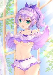 Rule 34 | 1girl, azur lane, bare shoulders, blush, bow, breasts, camisole, camisole lift, clothes lift, collarbone, commentary request, cowboy shot, curtains, day, green eyes, hair between eyes, hair ornament, hair ribbon, high ponytail, highres, hiyada yuu, indoors, javelin (azur lane), javelin (operation: pillow fight!) (azur lane), lifted by self, looking away, medium breasts, navel, open mouth, plaid, plaid bow, ponytail, purple bow, purple hair, purple ribbon, ribbon, short shorts, shorts, solo, transparent, underboob, white camisole, white shorts, window