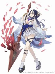 Rule 34 | 1girl, black hair, breasts, clothing cutout, earrings, full body, hair between eyes, holding, holding polearm, holding spear, holding weapon, jewelry, ji no, kaguya (sinoalice), large breasts, long hair, looking at viewer, navel cutout, official art, okobo, platform clogs, platform footwear, polearm, sandals, sinoalice, skull, smile, socks, solo, spear, square enix, weapon, white background, wide sleeves
