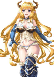 Rule 34 | 10s, 1girl, bare shoulders, blonde hair, blue eyes, blue gloves, blue legwear, corset, cowboy shot, detached sleeves, draph, elbow gloves, frown, gloves, granblue fantasy, halterneck, highres, horns, lips, long hair, looking at viewer, navel, open mouth, panties, pointy ears, pondel, razia, solo, thighs, underbust, underwear, white panties