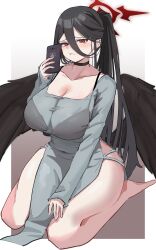 Rule 34 | 1girl, :t, absurdres, alternate costume, bare legs, barefoot, black bra, black choker, black hair, black wings, blue archive, bra, bra strap, breasts, cellphone, choker, cleavage, collarbone, dress, feathered wings, fingernails, gradient background, grey dress, halo, hasumi (blue archive), highres, holding, holding phone, huge breasts, long hair, long hair between eyes, mole, mole under eye, pelvic curtain, phone, ponytail, pout, red eyes, red halo, seiza, simple background, sitting, solo, underwear, very long hair, wings, xvb259