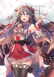 Rule 34 | 10s, 1girl, bare shoulders, black hair, boots, breasts, brown eyes, cherry blossoms, detached sleeves, gradient background, hair ornament, hairband, hairclip, haruna (kancolle), japanese clothes, kantai collection, large breasts, long hair, nontraditional miko, open mouth, skirt, smile, solo, suou sakura, thigh boots, thighhighs, veil, zettai ryouiki