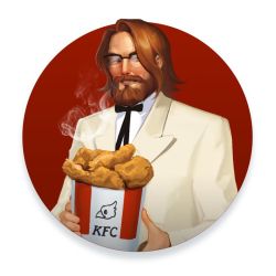 Rule 34 | 1boy, ^ ^, angerinet, asmongold, beige coat, brown hair, bucket, bucket of chicken, chicken (food), circle, closed eyes, coat, colonel sanders, colonel sanders (cosplay), commentary, cosplay, english commentary, eyebrows hidden by hair, facing viewer, food, forehead, glasses, grin, holding, holding bucket, kfc, light blush, logo parody, looking to the side, male focus, medium hair, neck ribbon, real life, red circle, ribbon, shirt, sideways glance, simple background, smile, solo, swept bangs, tuxedo, white background, white shirt