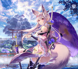 Rule 34 | 1girl, animal ears, architecture, armor, armored boots, ass, back, bare shoulders, black thighhighs, blush, boots, breasts, cloud, cloudy sky, commentary request, cowboy shot, day, dress, earrings, east asian architecture, floating hair, floral print, flower, fox ears, fox mask, fox tail, frill trim, frills, from behind, hair ornament, highres, hilt, hydrangea, japanese clothes, jewelry, katana, kimono, large breasts, lens flare, long hair, looking at viewer, mask, mask on head, off-shoulder dress, off shoulder, oil-paper umbrella, open mouth, original, outdoors, pointy ears, print kimono, rain, rainbow, red eyes, sanbasou, sheath, sheathed, short kimono, shrine, sidelocks, signature, silver hair, sky, solo, standing, sun flare, sunlight, sword, sword behind back, tail, thighhighs, torii, tree, umbrella, water, weapon, weapon on back, wet, white thighhighs, wide sleeves