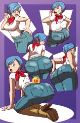 Rule 34 | 1girl, all fours, ascot, ass, ass expansion, ass focus, axel-rosered, blue eyes, blue hair, blush, boots, breasts, bulma, closed eyes, denim, dragon ball, dragon ball (object), dragon ball super, dragonball z, embarrassed, from behind, hand on own ass, hands on own hips, highres, huge ass, jeans, looking back, looking down, medium breasts, open mouth, pants, shirt, short hair, sideboob, smile, solo, tight clothes, tight pants