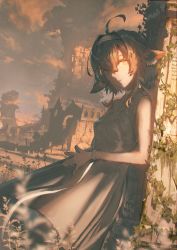 Rule 34 | 1girl, absurdres, ahoge, animal ear fluff, animal ears, bracelet, brown hair, building, cloud, commentary, dress, fantasy, feet out of frame, fingers together, grey dress, grey eyes, highres, jewelry, leaning on object, original, overgrown, ruins, sana (tokiki (tomok1)), scenery, sleeveless, sleeveless dress, solo, sunset, tokiki (tomok1)