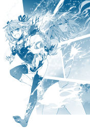 Rule 34 | 1boy, armor, armpits, ass, astolfo (fate), blue theme, boots, braid, braided ponytail, closed eyes, commentary request, fang, fate/apocrypha, fate (series), gauntlets, greyscale, hair between eyes, highres, ishida akira, knee boots, long hair, looking at viewer, magical girl, male focus, monochrome, multiple views, open mouth, shoulder armor, simple background, skin fang, thighhighs, transformation, trap, white background