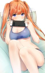 Rule 34 | 1girl, :&lt;, bare arms, bare shoulders, blue eyes, blue panties, breasts, cleavage, closed mouth, couch, from above, frown, game console, highres, holding, long hair, looking at viewer, lying, medium breasts, midriff, on back, on couch, orange hair, original, panties, simple background, skindentation, solo, sports bra, taut clothes, thighs, twintails, underwear, white background, yu yu