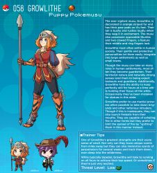 Rule 34 | 1boy, 1girl, animal ears, arm behind back, armor, artist name, blue eyes, character name, character profile, creatures (company), digitigrade, dog ears, dog girl, english text, fang, fur collar, game freak, gen 1 pokemon, greaves, growlithe, hat, heart, heart-shaped pupils, highres, holding, holding polearm, holding spear, holding weapon, juliet sleeves, kinkymation, long sleeves, nintendo, orange hair, pauldrons, personification, poke ball, poke ball (basic), pokemon, polearm, puffy sleeves, purple hair, scale armor, shoulder armor, single pauldron, smile, spear, symbol-shaped pupils, tail, visor (armor), weapon