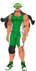 Rule 34 | 1boy, :d, ^ ^, animal ears, arms at sides, bara, bare shoulders, black hair, blush, bodysuit, closed eyes, closed mouth, covered abs, covered navel, cow ears, cow horns, crow (siranui), dark-skinned male, dark skin, facial hair, fake animal ears, fake horns, full body, goatee, green bodysuit, green footwear, highres, horns, ikusaba daisuke, jacket, jacket on shoulders, large pectorals, looking away, looking to the side, male focus, mature male, multicolored hair, muscular, muscular male, nose blush, open mouth, pectoral cleavage, pectorals, shoes, short hair, sideburns, sidepec, sideways glance, simple background, smile, sneakers, solo, standing, tachi-e, taurus mask, tokyo houkago summoners, two-tone hair, white background, white footwear, wrestling mask, wrestling outfit