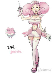 1girl blissey bra breasts clothing_cutout commentary creatures_(company) full_body game_freak gen_2_pokemon gloves hat highres holding holding_syringe large_breasts looking_at_viewer navel_cutout nintendo nurse_cap open_mouth personification pink_footwear pink_hair pokemon see-through see-through_shirt shirt simple_background skirt syringe tamtamdi thighhighs translated twintails underwear white_background white_bra white_gloves white_skirt white_thighhighs