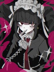 Rule 34 | 1girl, black background, blush, celestia ludenberg, collared shirt, covered mouth, covering own mouth, danganronpa: trigger happy havoc, danganronpa (series), drill hair, earrings, frilled jacket, frills, grey shirt, hand over own mouth, hand up, headdress, jacket, jewelry, long hair, long sleeves, necktie, open clothes, open jacket, pale skin, red eyes, red necktie, shirt, solo, tabun ningen, twin drills, twintails, upper body