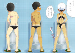 Rule 34 | 1girl, 2boys, ass, back, bare legs, black one-piece swimsuit, blush, clothing aside, competition swimsuit, flying sweatdrops, from behind, full body, girl+boy peeing together, gluteal fold, hanpanthu, highres, japanese text, kneepits, legs apart, looking at another, male swimwear, multiple boys, one-piece swimsuit, original, pee, peeing, peeing together, restroom, sandals, standing, sweatdrop, swim cap, swimsuit, swimsuit aside, thighs, thought bubble, tile floor, tile wall, tiles, translated, trembling, urinal, urinal use, water drop
