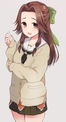 Rule 34 | 10s, 1girl, black skirt, bow, brown eyes, brown hair, cardigan, cowboy shot, green bow, grey background, hair bow, hair intakes, half updo, jintsuu (kancolle), kantai collection, long hair, looking at viewer, low twintails, matching hair/eyes, open mouth, pleated skirt, plum (arch), pocket, school uniform, serafuku, skirt, sleeves past wrists, smile, solo, twintails
