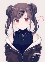 Rule 34 | 1girl, :t, bad id, bad pixiv id, bead necklace, beads, black sweater, blush, bra strap, breasts, brown hair, brown jacket, closed mouth, double bun, earrings, fume, hair bun, hair ornament, hairclip, heart, heart necklace, highres, idolmaster, idolmaster shiny colors, jacket, jewelry, long sleeves, looking at viewer, medium breasts, migolu, necklace, off shoulder, pendant, pout, red eyes, ribbed sweater, sleeveless, sleeveless sweater, solo, sonoda chiyoko, stud earrings, sweater, swept bangs, turtleneck, turtleneck sweater, twintails, upper body, x hair ornament, zipper