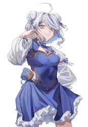 Rule 34 | 1girl, absurdres, ahoge, alternate costume, blue dress, blue eyes, blue hair, blver, breasts, china dress, chinese clothes, commentary request, covered navel, cowboy shot, double bun, dress, furina (genshin impact), genshin impact, hair bun, hair intakes, highres, multicolored hair, shirt, short hair, small breasts, solo, standing, streaked hair, white hair, white shirt