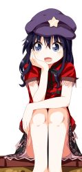 Rule 34 | 1girl, :d, alternate hair length, alternate hairstyle, arm rest, black eyes, black hair, elbow rest, hat, head rest, headrest, highres, long hair, looking at viewer, miyako yoshika, open mouth, ruu (tksymkw), simple background, sitting, smile, solo, touhou, white background