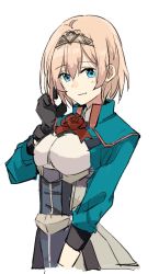 Rule 34 | 1girl, black gloves, blonde hair, blue eyes, blue jacket, breasts, commentary request, cropped jacket, flower, gloves, jacket, kantai collection, looking at viewer, medium breasts, military, military uniform, official alternate hair length, official alternate hairstyle, red flower, red rose, rose, shirt, short hair, simple background, solo, takamachiya, uniform, victorious (kancolle), white background, white shirt