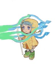 1girl aerodynamics arrow_(symbol) blue_eyes blue_hair boots cane chibi cross cross_necklace dirty_footwear highres holding holding_cane hood hood_up jewelry jubilee_2025 luce_(jubilee_2025) mossacannibalis necklace raincoat rosary rubber_boots smile symbol-shaped_pupils wind yellow_raincoat