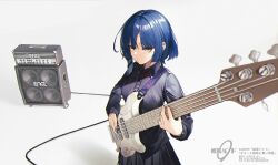 Rule 34 | 1girl, absurdres, amplifier, bass guitar, black skirt, blue hair, blue shirt, blurry, bocchi the rock!, breasts, cable tie, closed mouth, collared shirt, commentary, depth of field, ear piercing, fender precision bass, highres, holding, holding instrument, instrument, jia redian ruzi ruzi, long sleeves, looking at object, medium breasts, mole, mole under eye, music, piercing, playing instrument, pleated skirt, shirt, simple background, skirt, solo, standing, white background, yamada ryo, yellow eyes