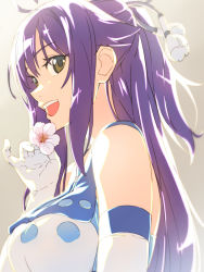 Rule 34 | 1girl, ahoge, bare shoulders, blue shirt, chiharu (9654784), commentary request, elbow gloves, flower, gloves, gradient background, green eyes, grey background, hair ornament, highres, holding, holding flower, long hair, open mouth, original, portrait, profile, purple hair, shirt, sleeveless, sleeveless shirt, smile, solo, teeth, two-tone shirt, upper teeth only, white gloves