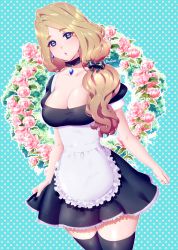 Rule 34 | absurdres, alternate costume, black thighhighs, blonde hair, breasts, choker, collarbone, dutch angle, earrings, fire emblem, fire emblem: three houses, flower, hair over shoulder, highres, jewelry, large breasts, lialiar1, maid, mercedes von martritz, nintendo, solo, thighhighs, wavy hair