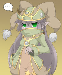 Rule 34 | ..., 1girl, brown hair, colored skin, gnome (mon-musu quest!), green eyes, grey skin, hat, long hair, looking at viewer, mon-musu quest!, pointy ears, tagme