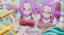 Rule 34 | 10s, 3girls, animated, animated gif, ass, ass shake, bikini, blonde hair, fuyuzora akari, fuyuzora kaho, hip attack, keijo!!!!!!!!, kusakai mio, lowres, multiple girls, purple hair, subtitled, swimsuit