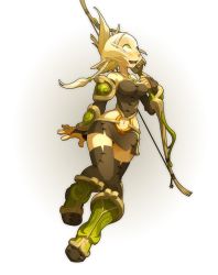 Rule 34 | armor, black thighhighs, blonde hair, blush, bow (weapon), braid, bridal gauntlets, corset, cra (wakfu), freckles, full body, greaves, green eyes, halterneck, hip focus, looking up, miniskirt, narrow waist, navel, official art, open mouth, pauldrons, pointy ears, shoulder armor, side braid, simple background, single braid, skirt, solo, thighhighs, wakfu, watermark, weapon, web address, wide hips, xaxaxa