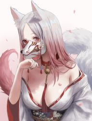 Rule 34 | 1girl, absurdres, animal ear fluff, animal ears, bare shoulders, bell, between breasts, breasts, cleavage, collar, commentary, falling petals, fox ears, fox girl, fox mask, fox tail, gold can, gradient hair, hand up, highres, japanese clothes, kimono, large breasts, long hair, mask, mouth mask, multicolored hair, multiple tails, neck bell, obi, off shoulder, original, parted bangs, petals, pink hair, red eyes, sash, solo, symbol-only commentary, tail, upper body, white hair