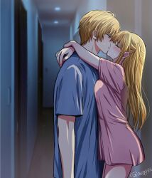 Rule 34 | 1boy, 1girl, absurdres, asgykk, blonde hair, blue eyes, blue shirt, blush, breasts, brother and sister, closed eyes, commentary request, cowboy shot, door, french kiss, from side, hair between eyes, hallway, hetero, highres, hoshino aquamarine, hoshino ruby, hug, incest, indoors, kiss, long hair, looking at another, medium breasts, one side up, oshi no ko, pink shirt, profile, shirt, short hair, short sleeves, siblings, sidelocks, sweatdrop, twincest, twins, twitter username